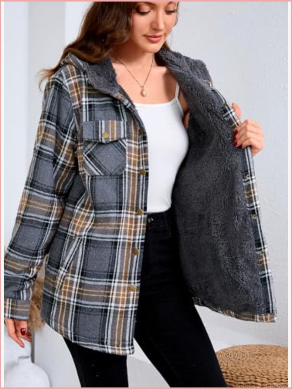 Plaid Sherpa Lined Fleece Flannel Jacket Button Down Hooded Coat - Picture 3 of 7